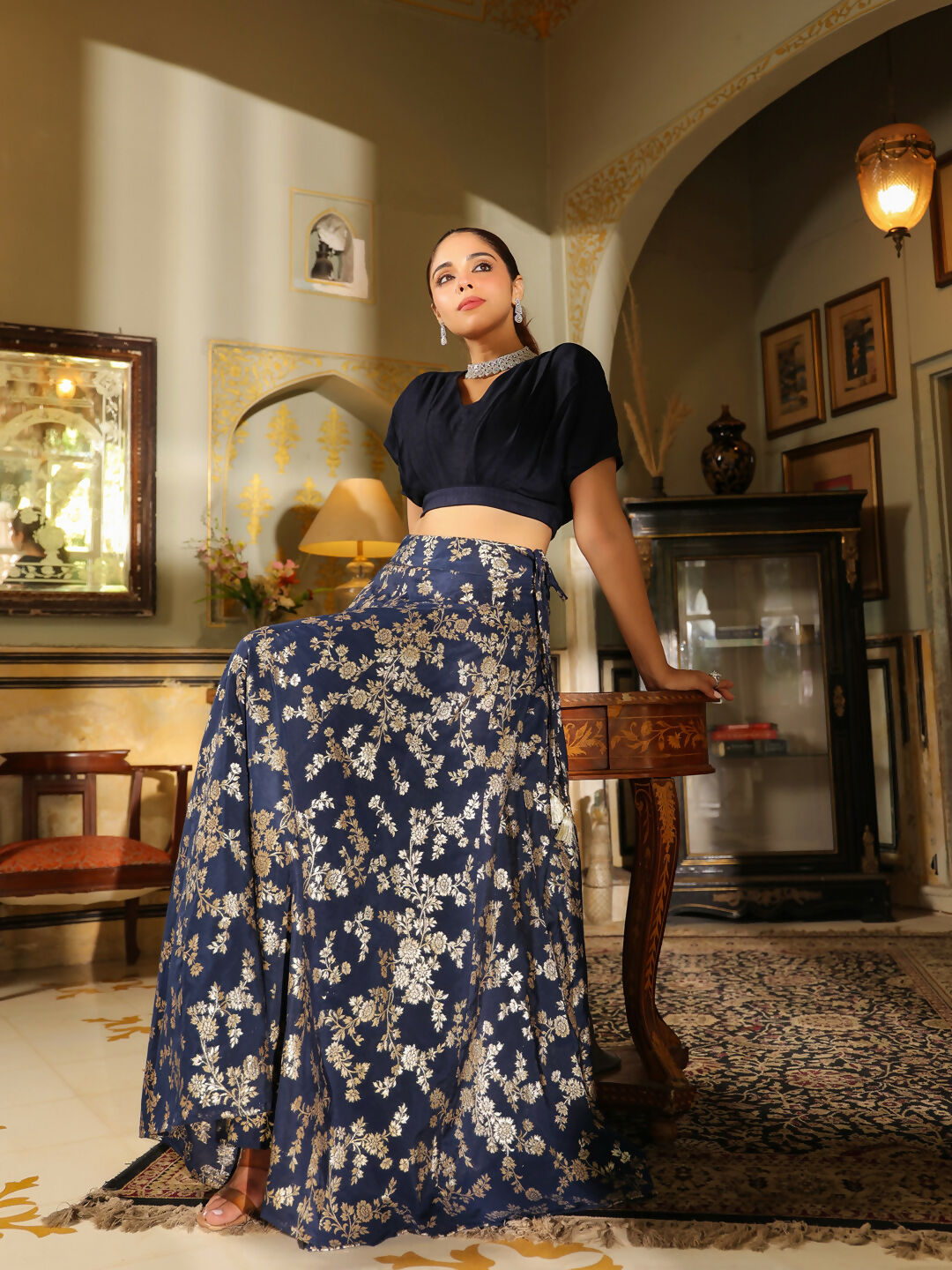 Janasya Navy Blue Silk Blend Solid Lehenga Choli | Swadesiicart
