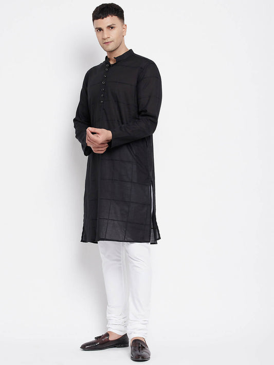 Even Apparels Pure Cotton Men's Kurta in Black Color With Band Collar | Swadesiicart