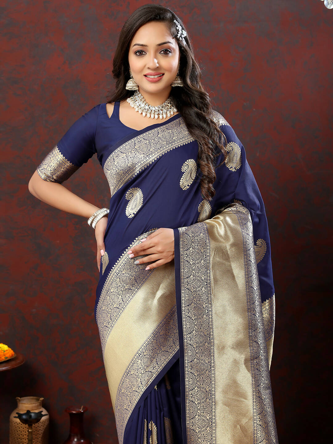 Lorenvalley Fashion Navyblue Soft Silk Woven Design Gold Zari Weaving Saree - Swadesiicart