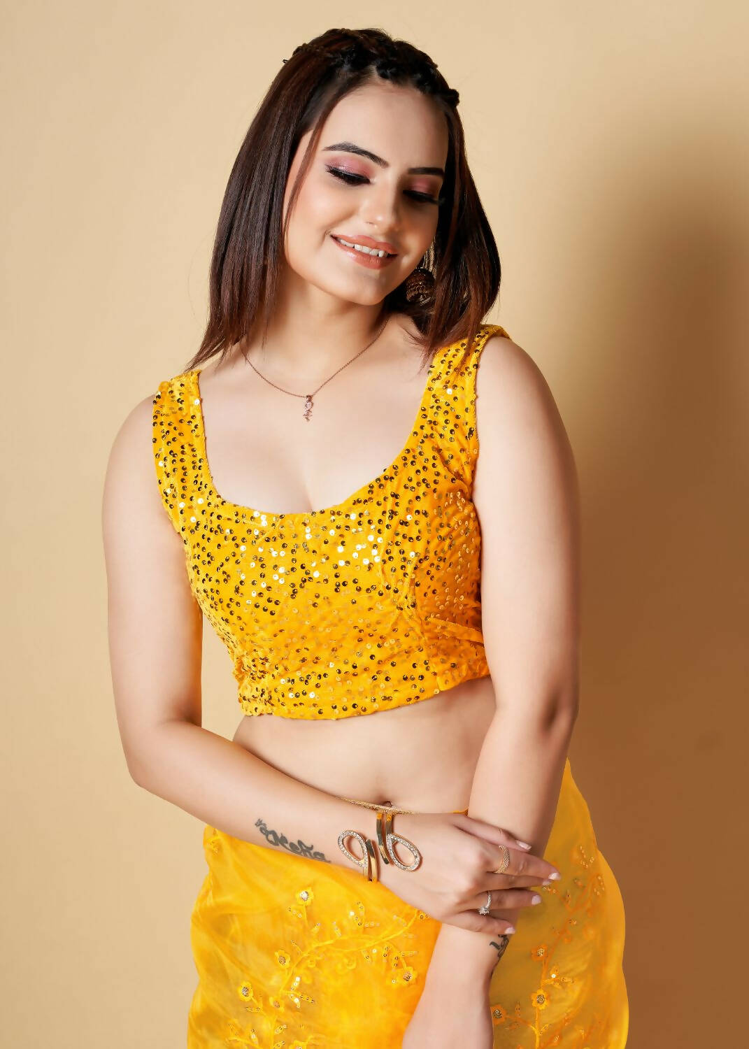 Vamsee Yellow Organza Saree - Swadesiicart