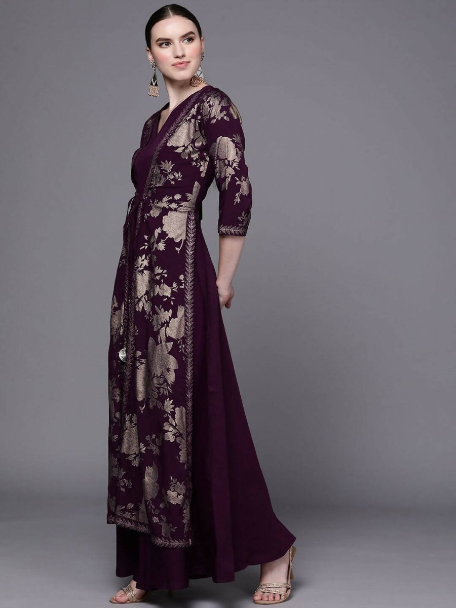 Ahalyaa Women Burgundy Floral Fit & Flare Maxi Ethnic Dress | Swadesiicart