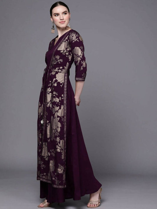 Ahalyaa Women Burgundy Floral Fit & Flare Maxi Ethnic Dress | Swadesiicart
