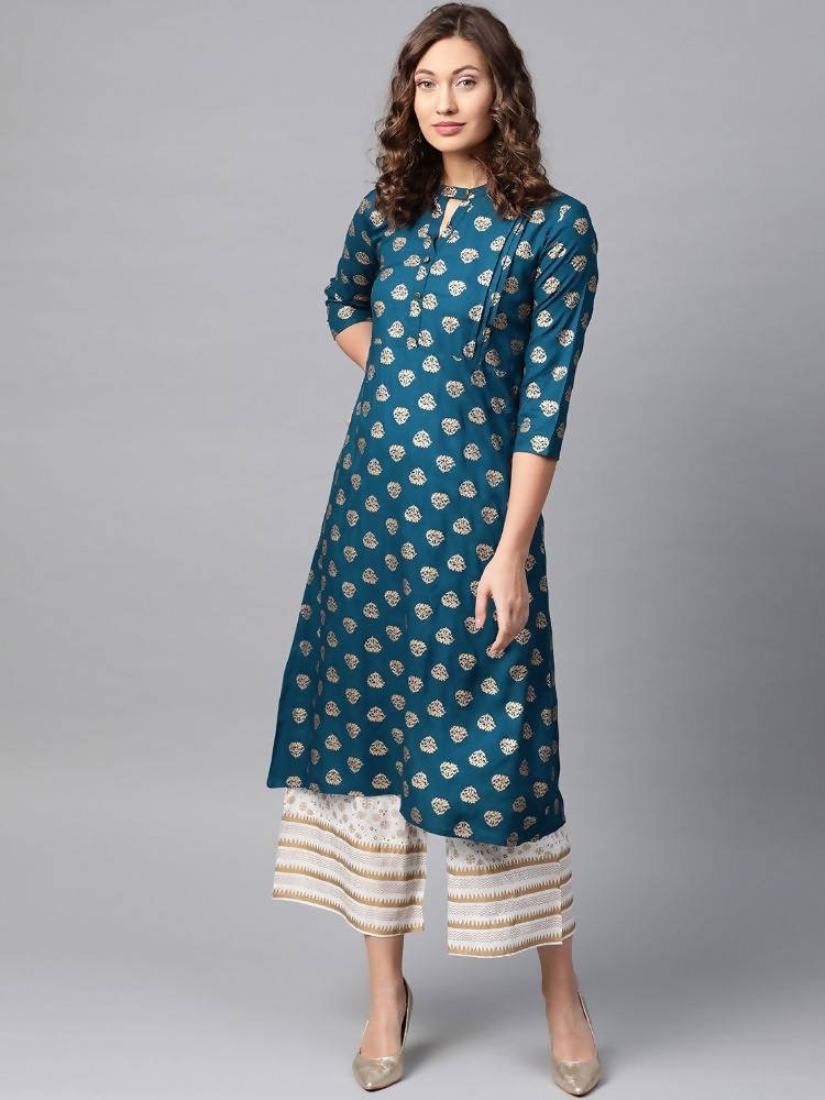 Anubhutee Teal Blue & Off-White Foil Print Kurta with Palazzos | Swadesiicart