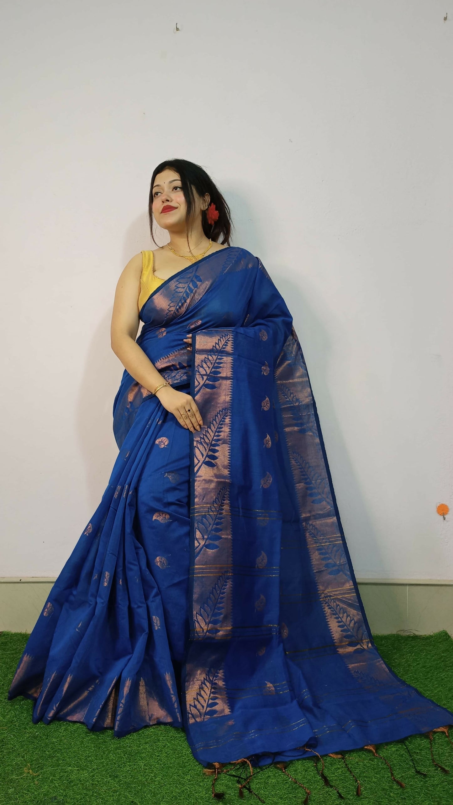 Exclusive Collection Beautiful Blue Cotton Silk Woven Handloom Saree With Running Blouse Piece - Swadesiicart