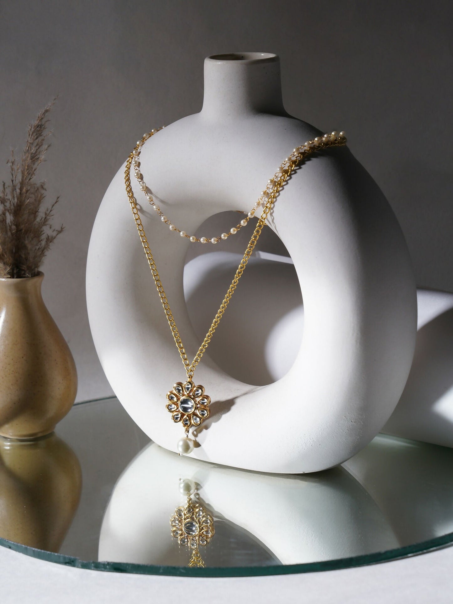 Layered Kundan and Pearl Gold Neckpiece (gold) - Ruby Raang | Swadesiicart