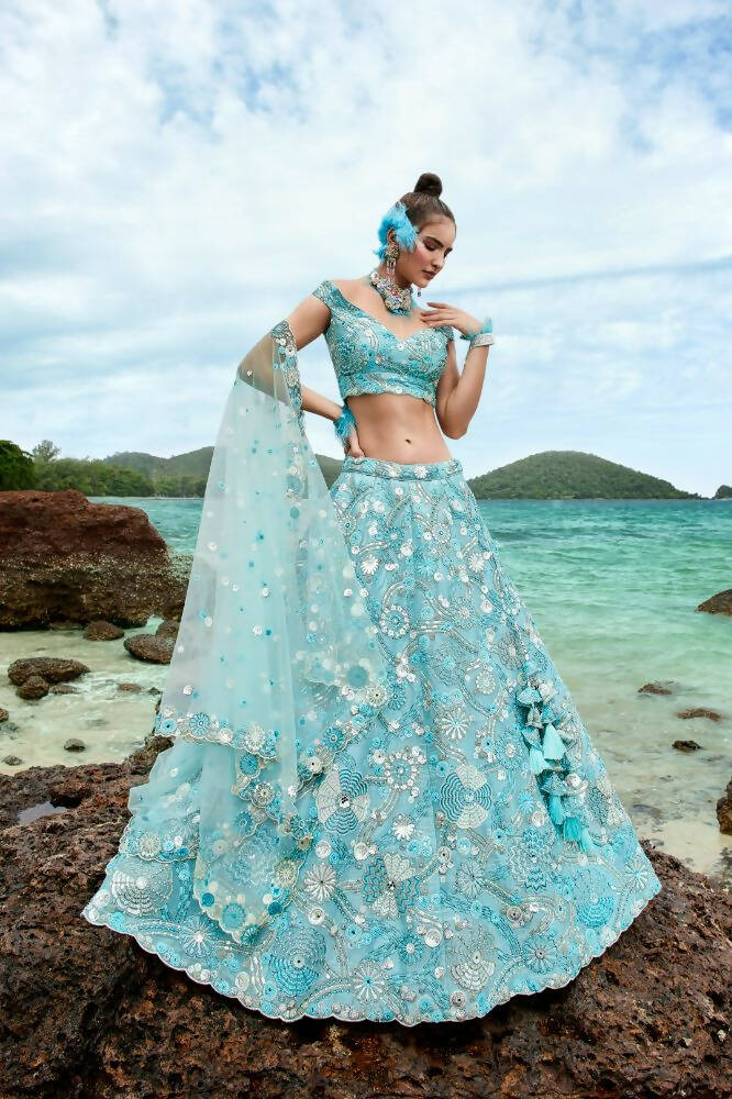 House of Panchhi Sky Blue Organza Sequins, Zarkan And Thread Embroidery Lehenga Choli & Dupatta | Swadesiicart
