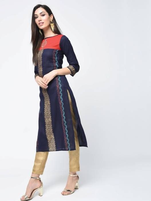 Aniyah Cotton Block Printed Stylish Blue Straight Kurta (AN-121K) - Swadesiicart