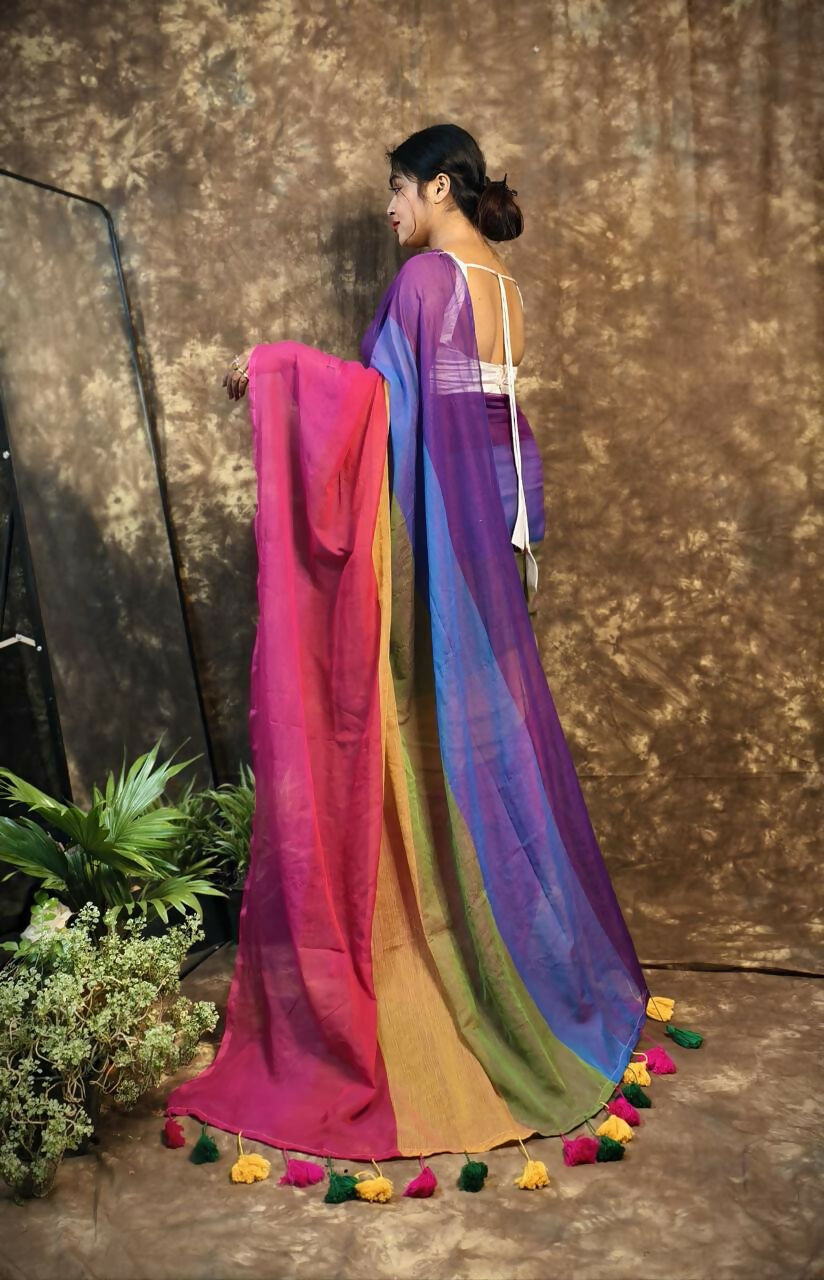 Exclusive Collection Beautiful Multi Pure Cotton Woven Handloom Saree With Running Blouse Piece - Swadesiicart