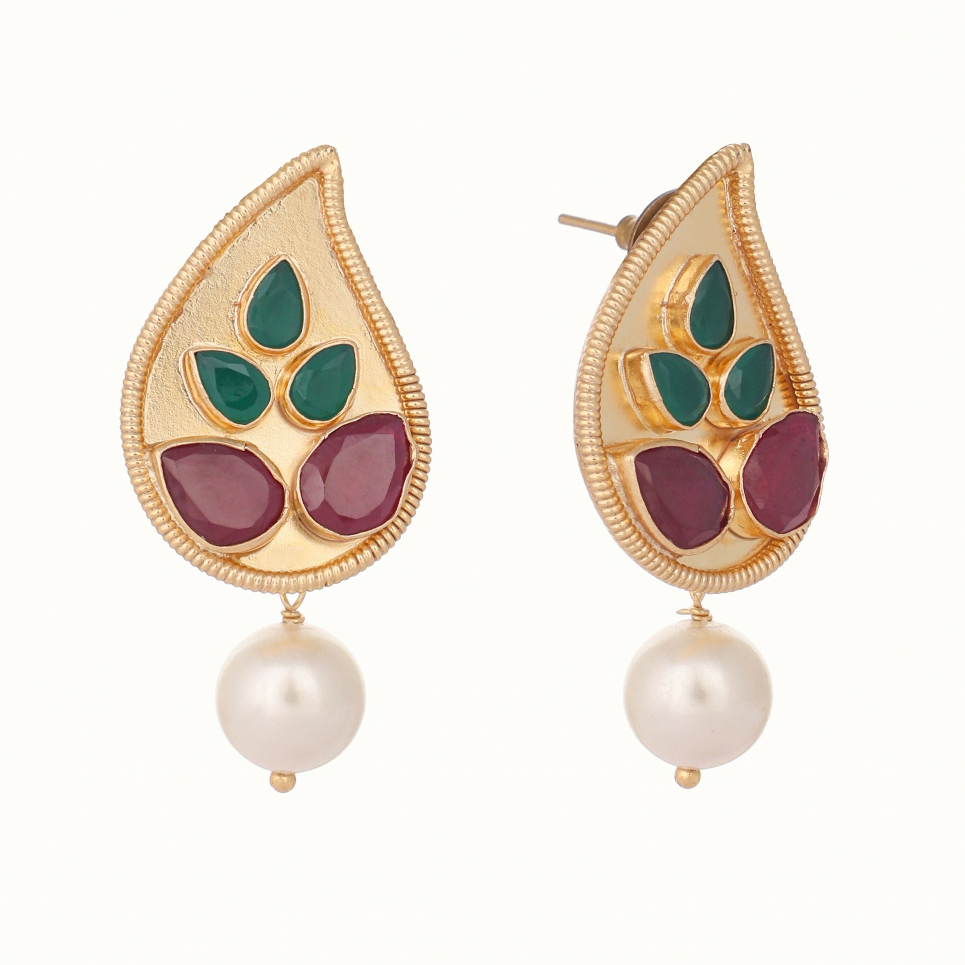 Nuyug 22K Gold Plated Ruby Stone Studded Contemporary Petal Shaped Pearl Drop Stud Earrings | Swadesiicart