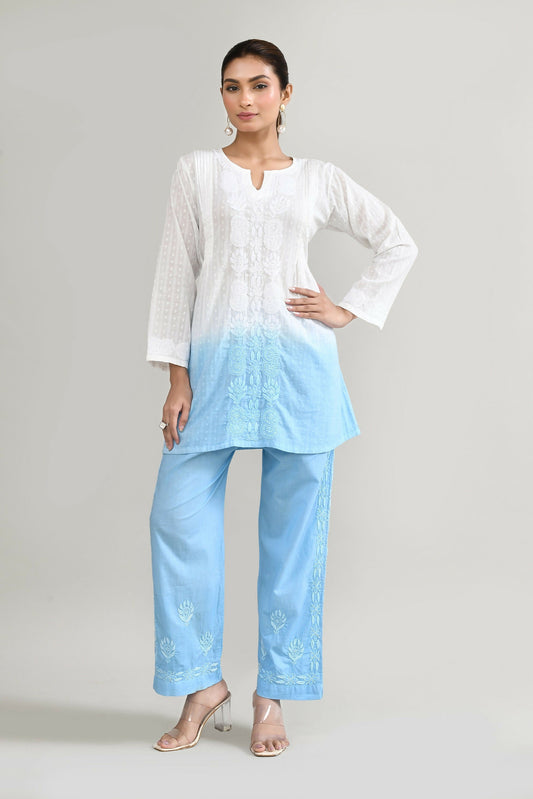 Joban Fashion Womens Cotton ChikanKari Sky Blue & White Cord set - Swadesiicart