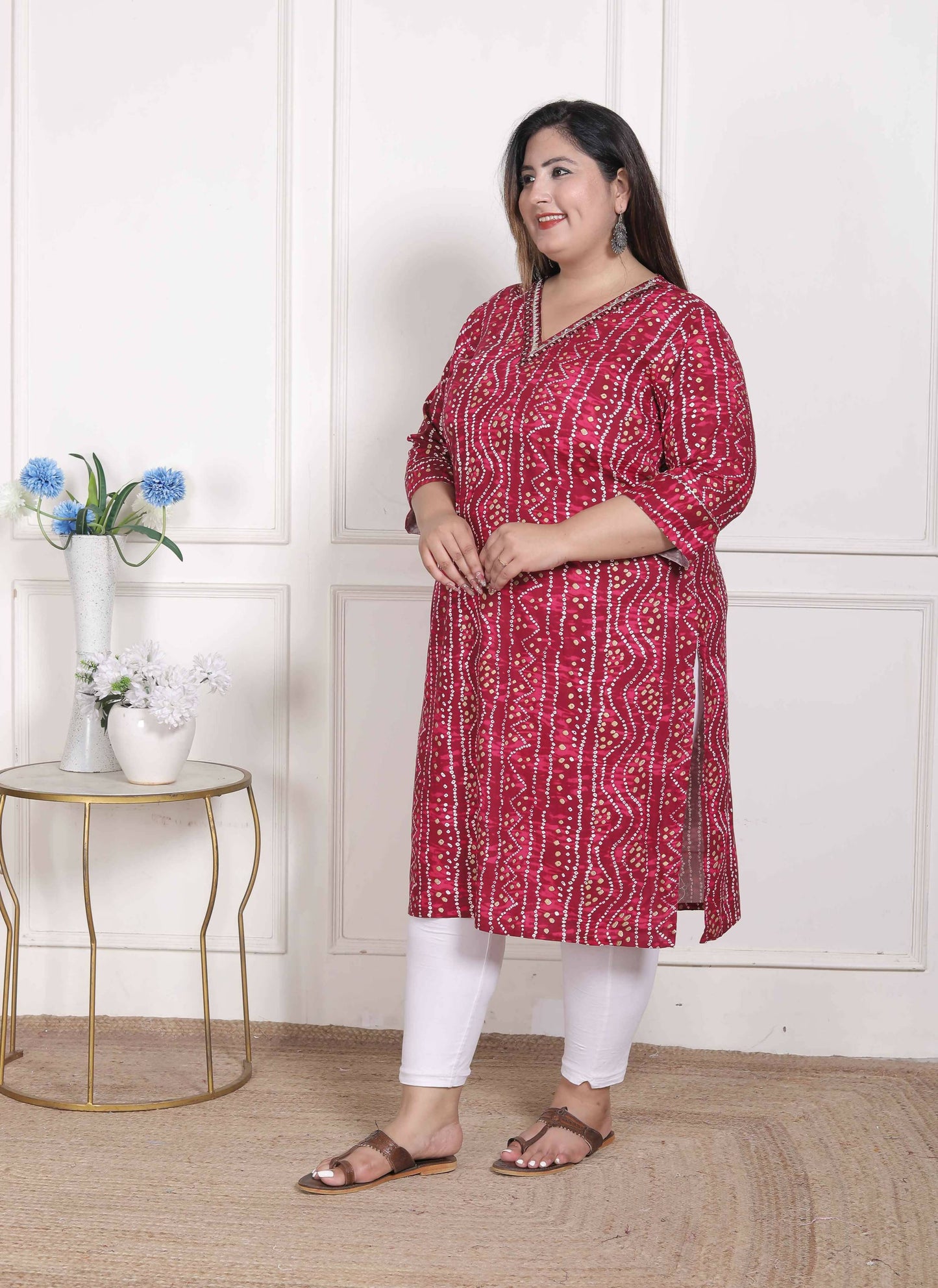 Miravan Women's Plus Size Bandhej Printed Rayon Kurta Magenta - Swadesiicart