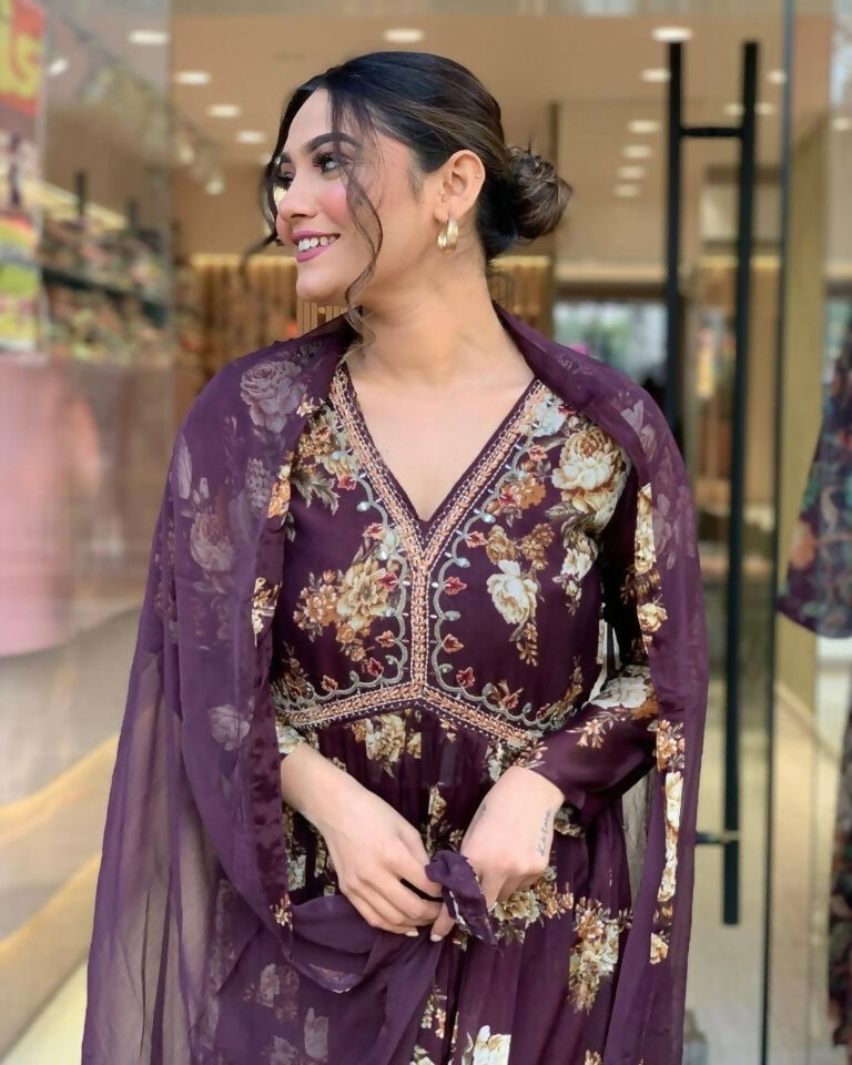 Ethnic Festive Wear Georgette Purple Stitched Suit With Dupatta - Tanisha | Swadesiicart