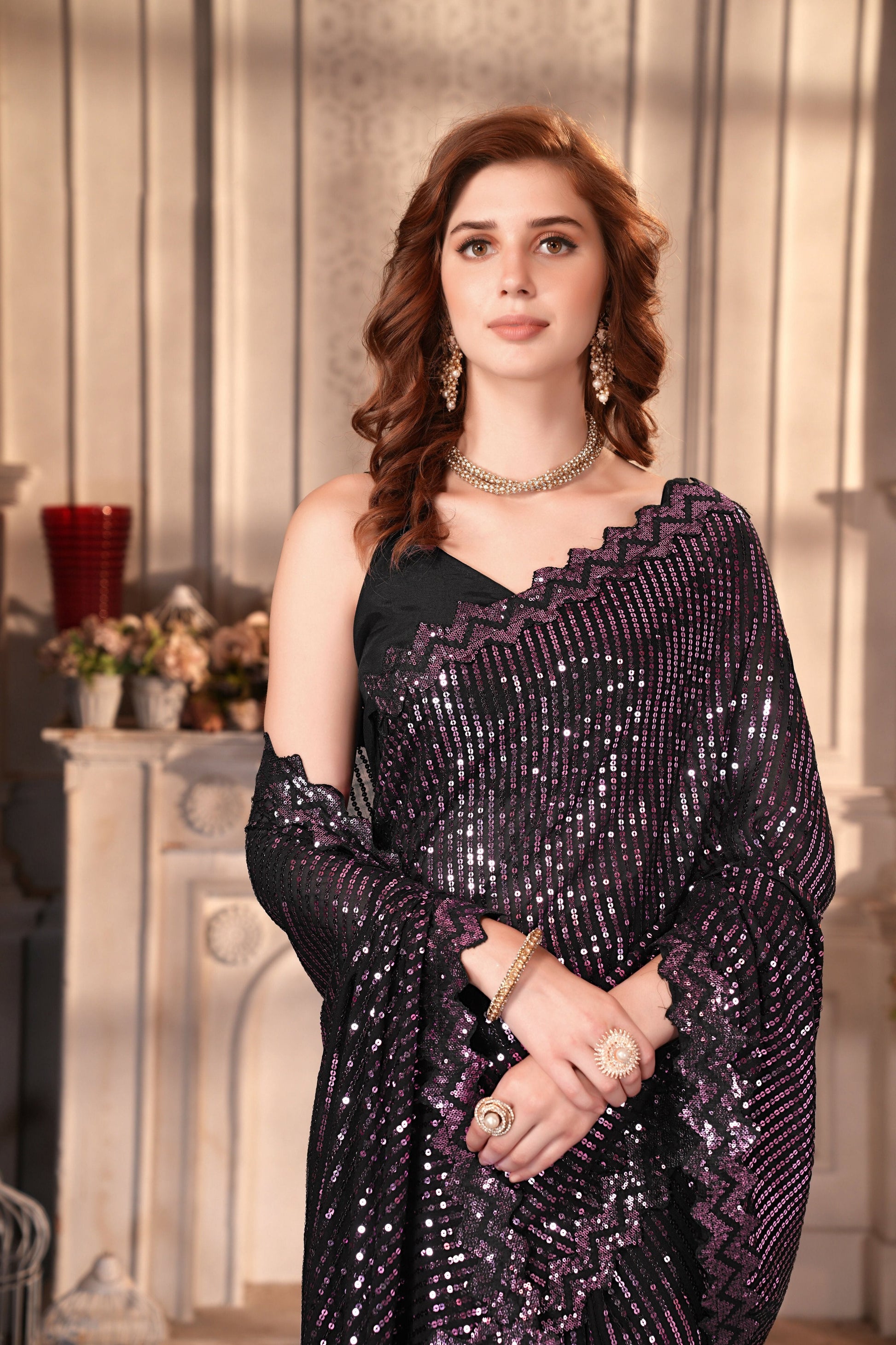 Dishitha Creation Indian Women's Designer Georgette Sequence Saree - Purple | Swadesiicart