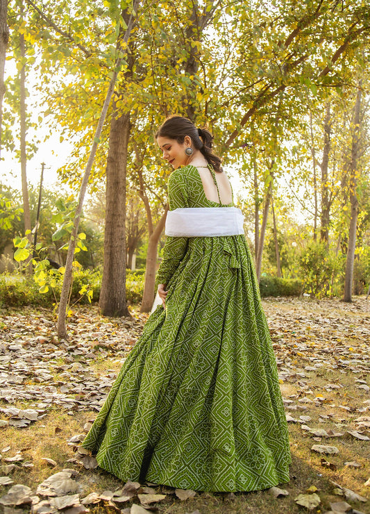 Green Pure Maslin Bandhej Print Work Stitched Suit With Dupatta - Anbazaar | Swadesiicart