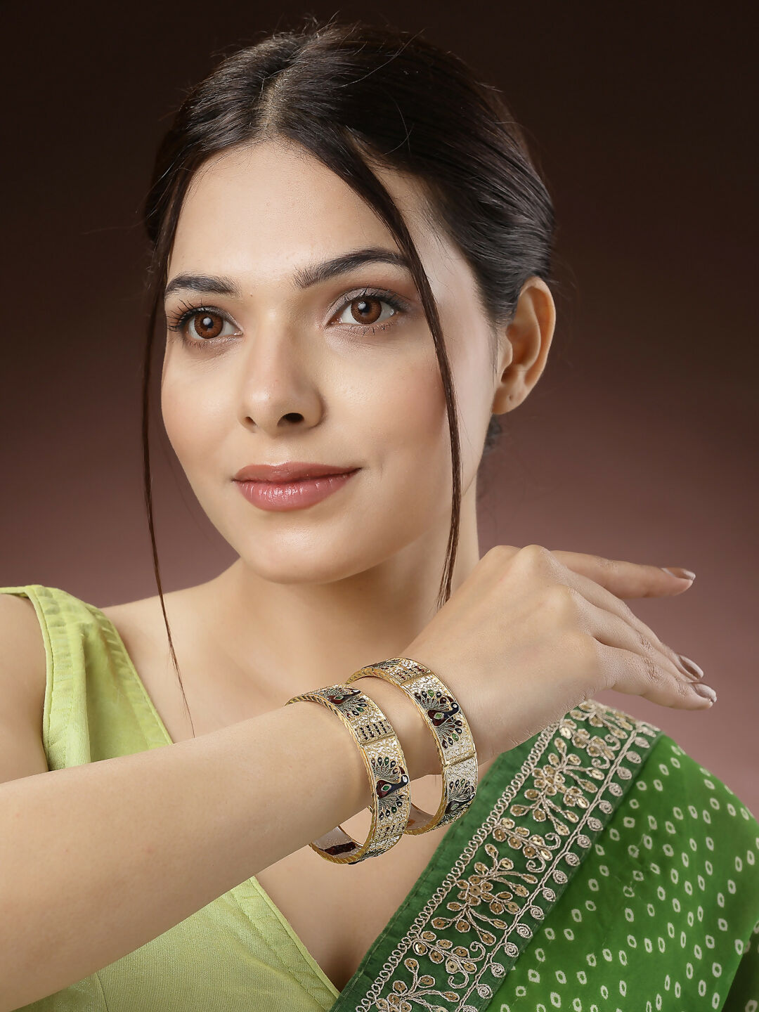 NVR Women's Set of 2 Gold-Polished Peacock Design Meenakari Handcrafted Bangles - Swadesiicart