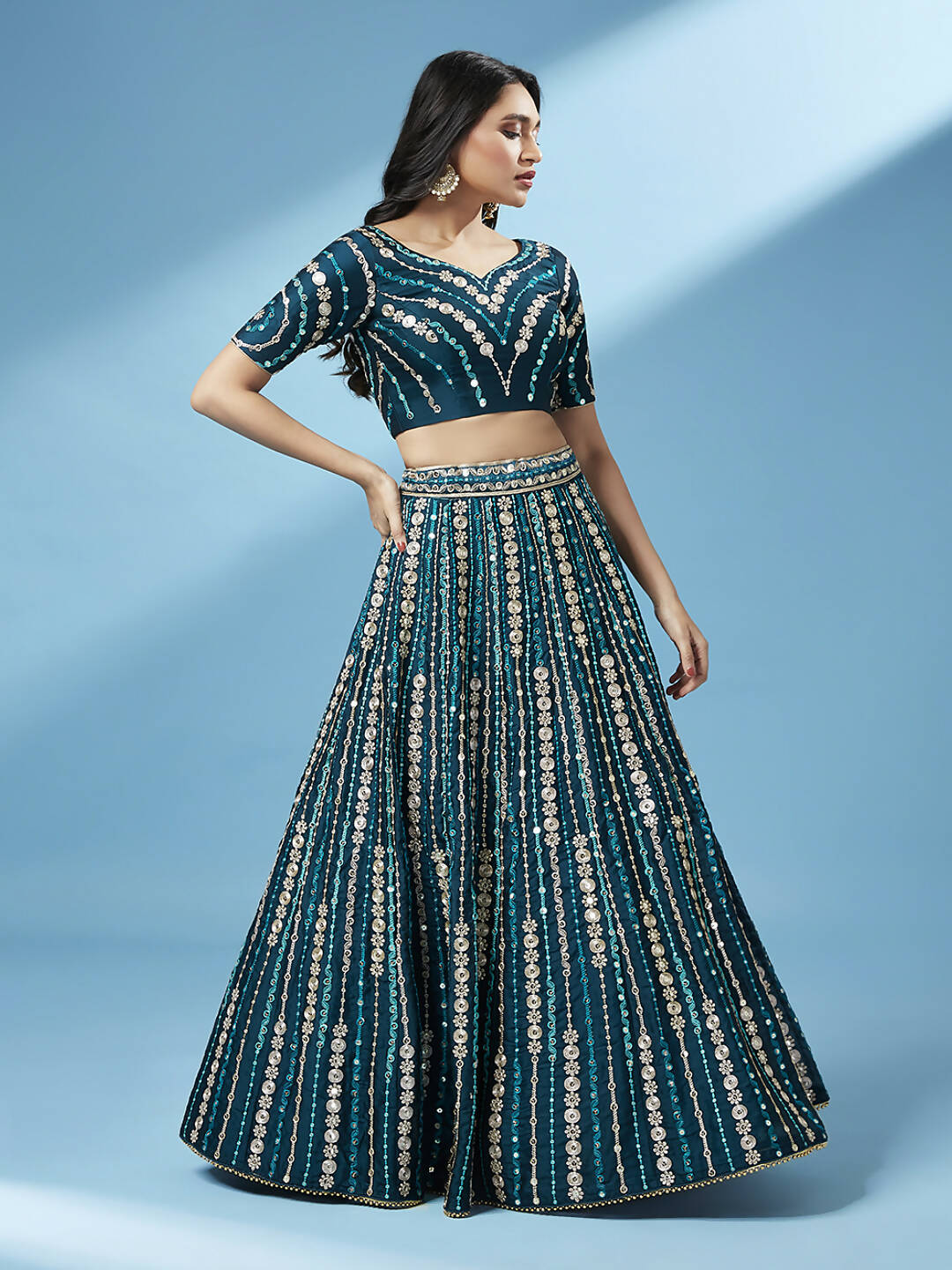House of Panchhi Teal Pure Georgette Sequinse Work Lehenga & Blouse with Dupatta | Swadesiicart