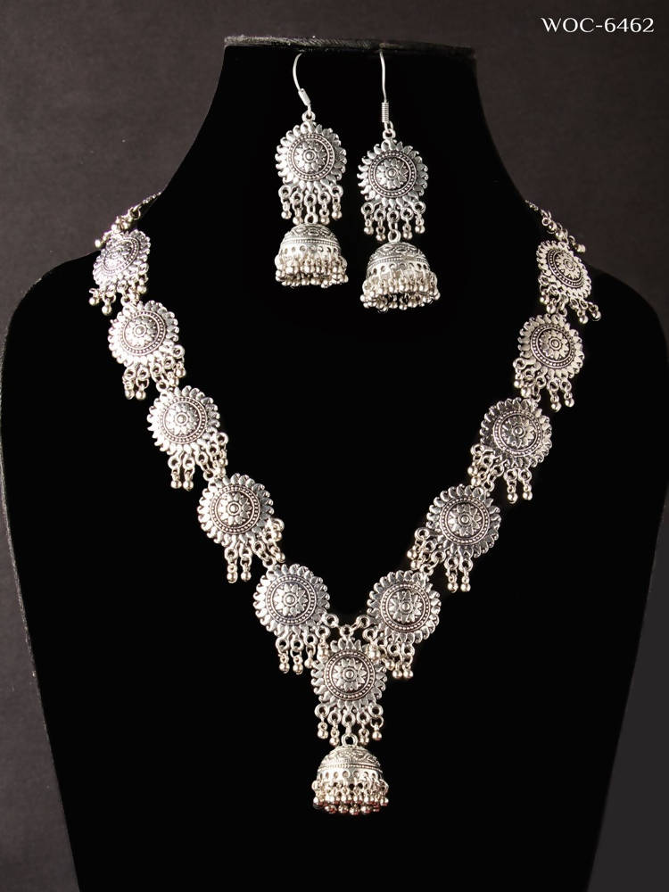 Mominos Fashion Johar Kamal Oxidised Silver Long Necklace Set | Swadesiicart