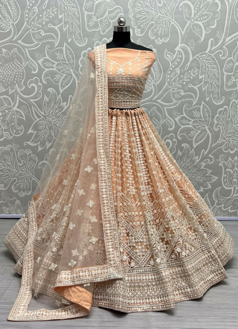 Jyoti Fashion Women's Peach Net Patterned Thread Embroidered with Sequins Wedding Lehenga Choli | Swadesiicart