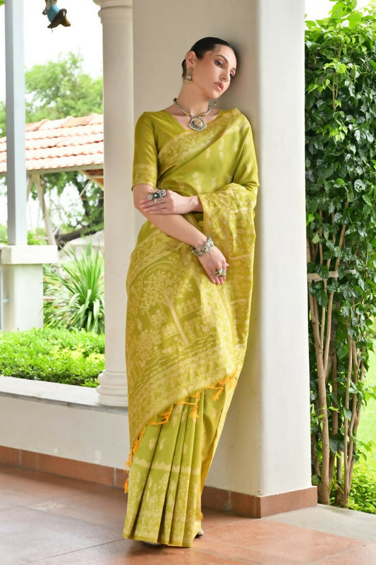 Vishnu Weaves Women's Mahendi Handloom Raw Silk Thread Weaving Saree with Blouse - Swadesiicart