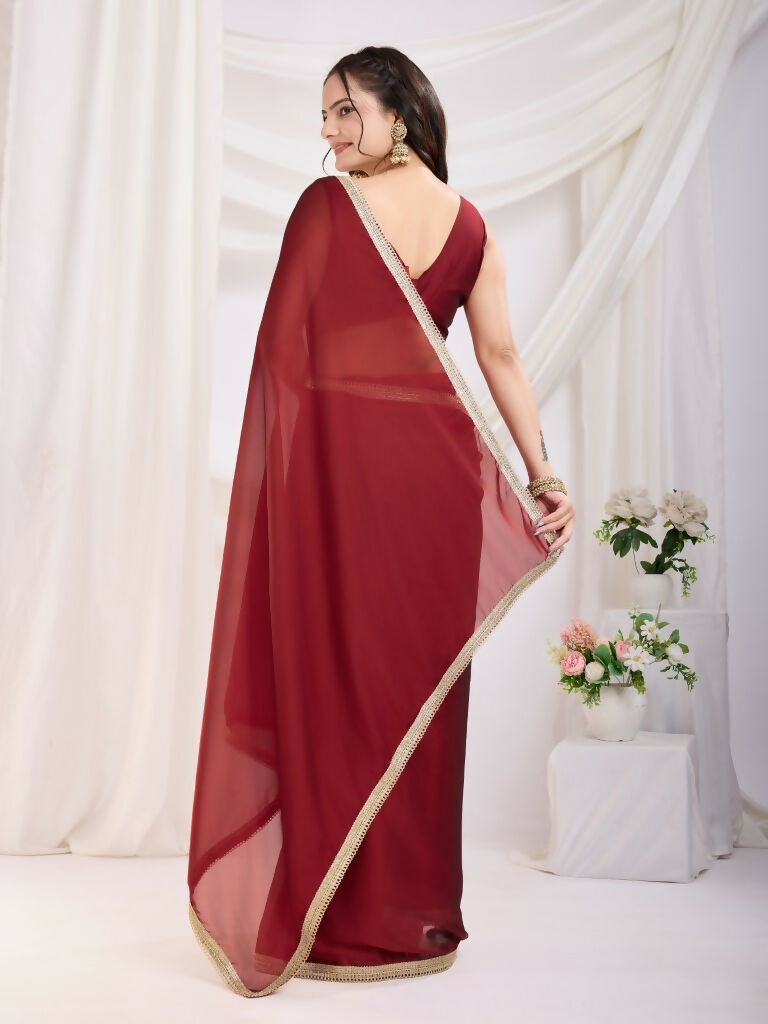 Maroon Rangoli Silk Solid, Lace Border Ready To Wear Saree - Kashvi | Swadesiicart