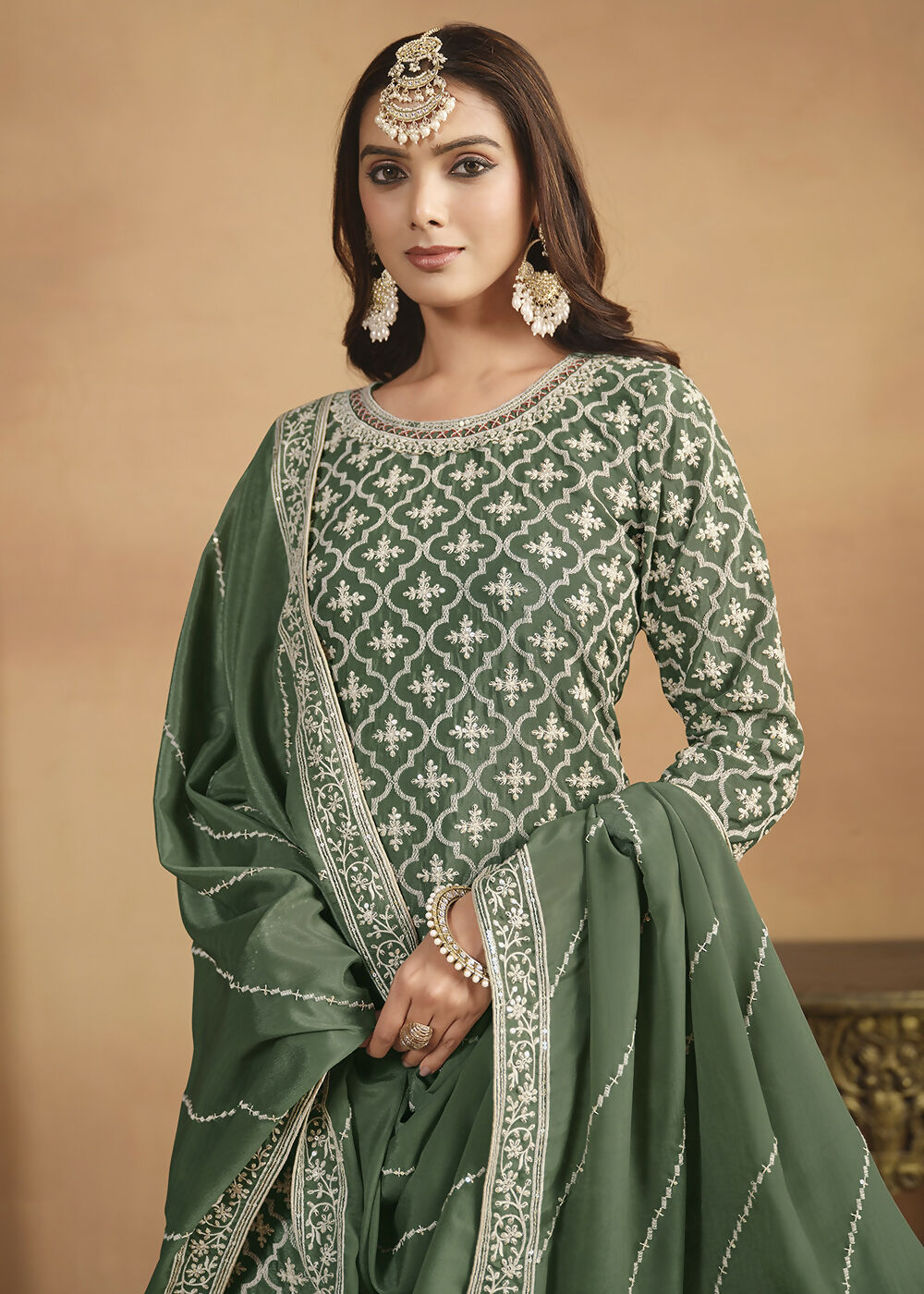 Chinnon Green Multicolor Embroidered Lehenga Style Suit - Emponline | Swadesiicart