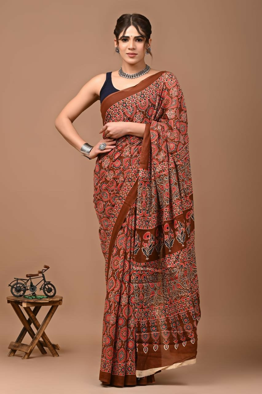 Exclusive Collection Brown Multi Beautiful Mulmul Cotton Saree - Swadesiicart