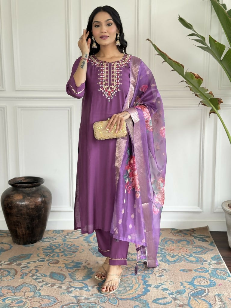 Purple Viscose chanderi Stitched Suit With Dupatta - Tanisha | Swadesiicart