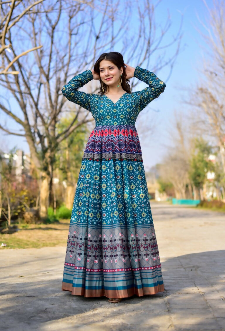 Jyoti Fashion Women's Blue Heavy Digital Printed Cotton Silk Anarkali Dress | Swadesiicart