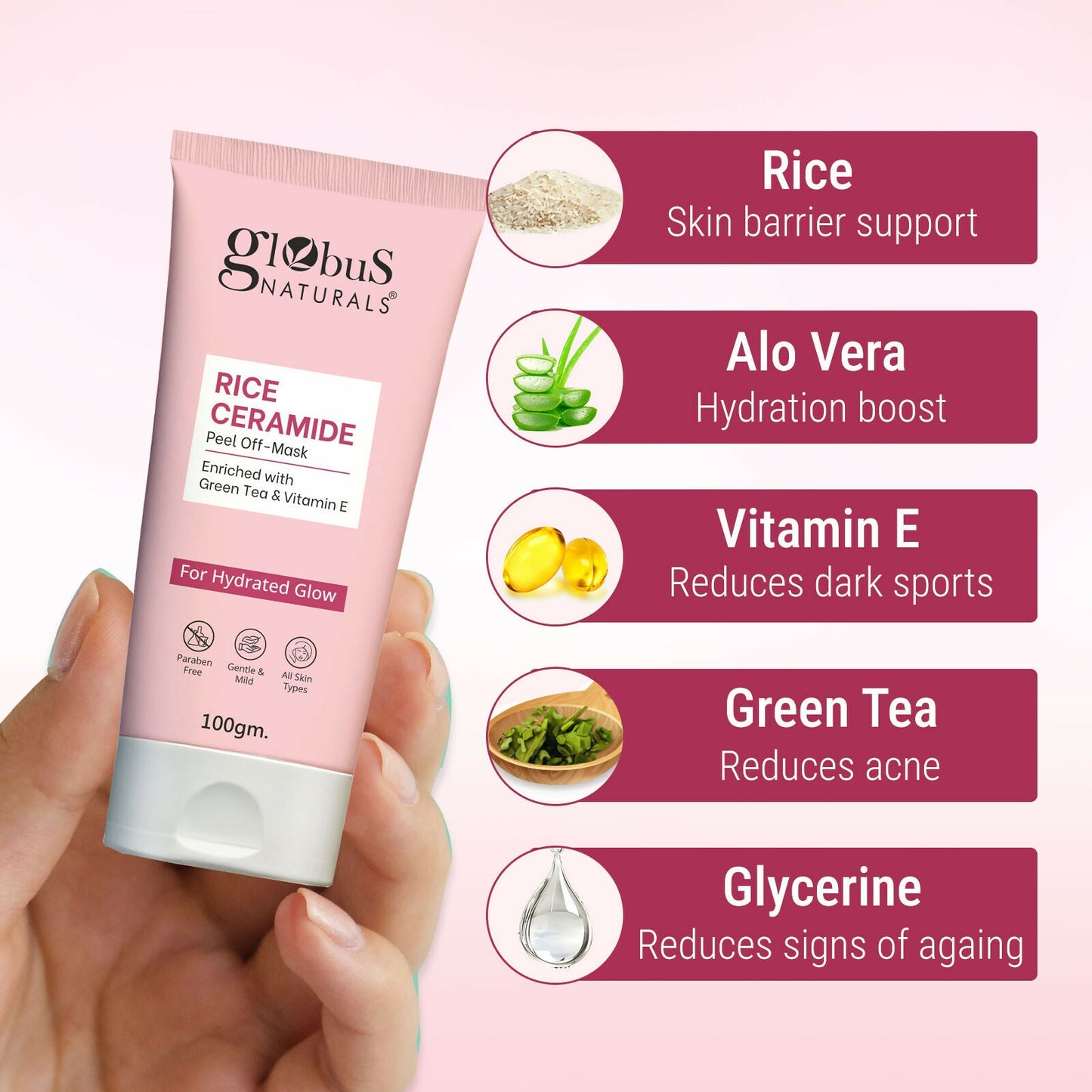 Globus Naturals Rice Ceramide Peel Off Mask, For Hydrated Glow Skin | Swadesiicart