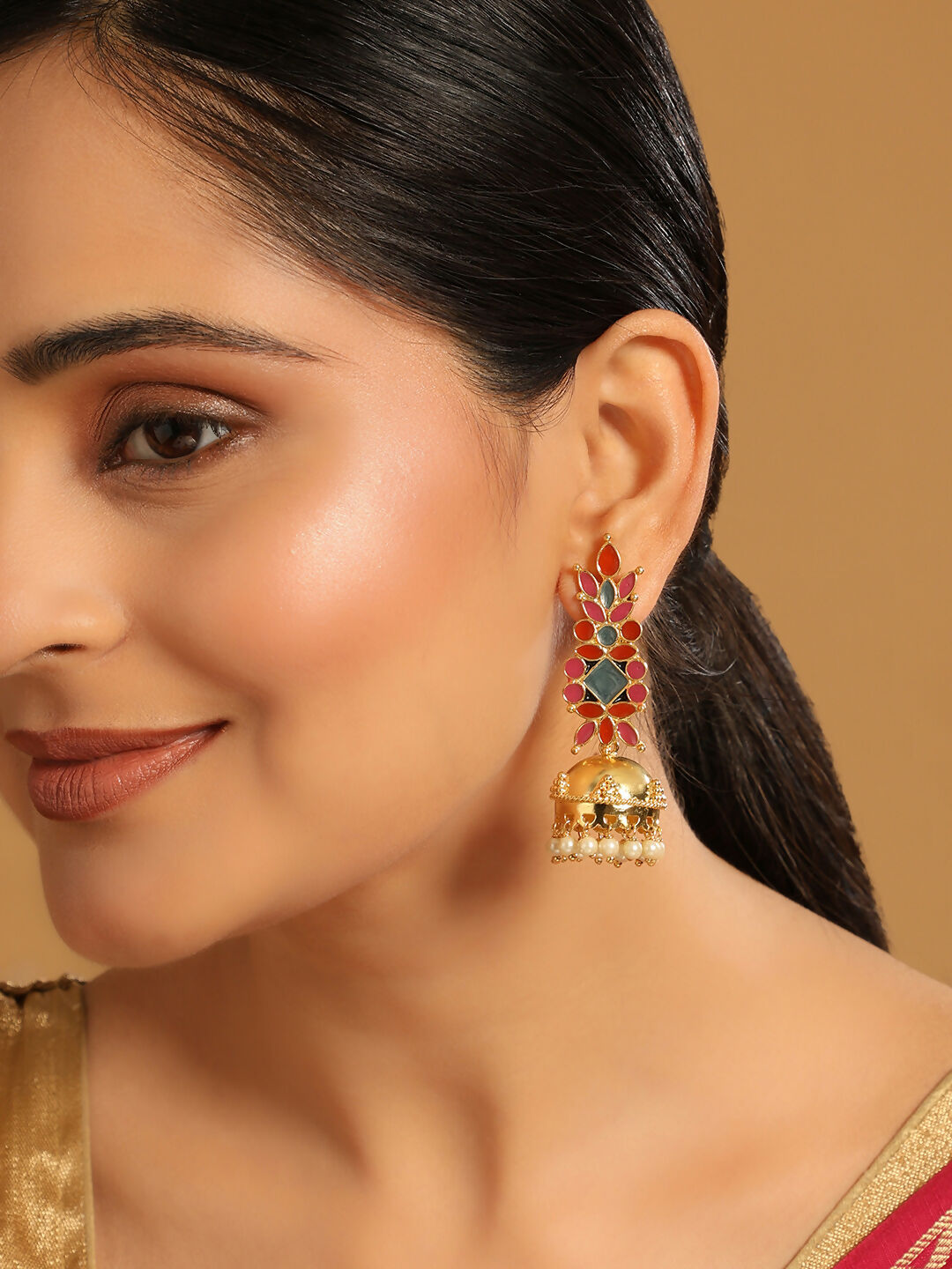 Nuyug 22K Gold-Plated Enamel & Beaded Dome Shaped Jhumka Earrings | Swadesiicart