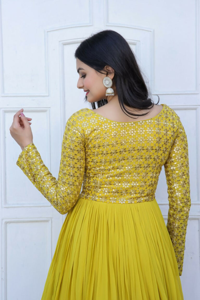 Jyoti Fashion Women's Yellow Sequence Zari Embroidered Faux Blooming Anarkali Dress | Swadesiicart