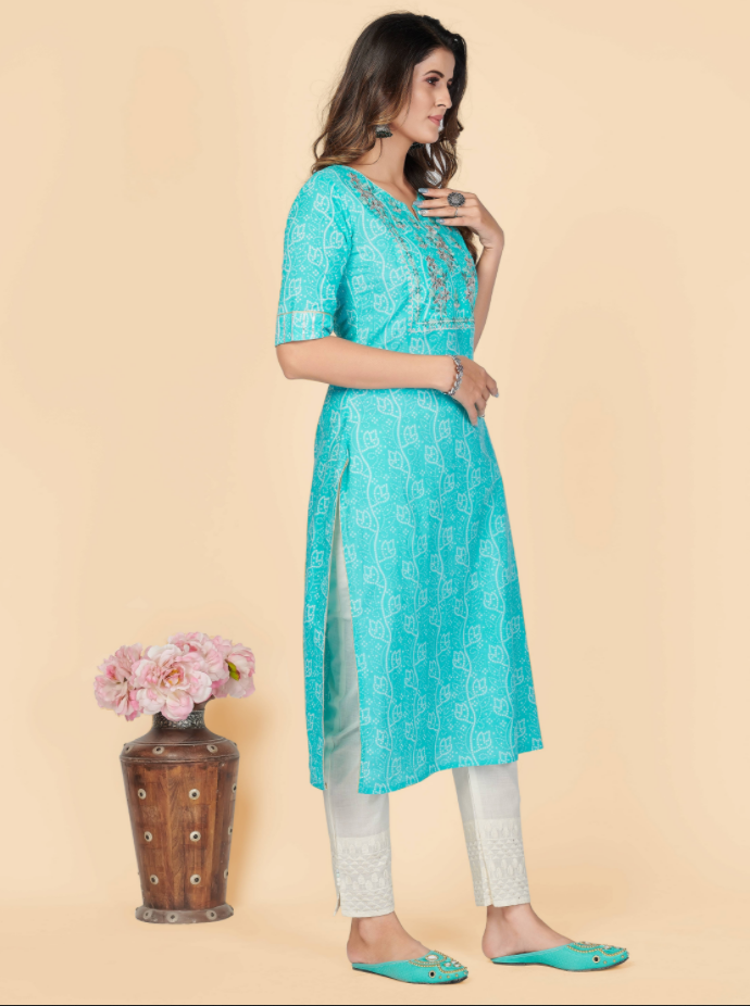 NOZ2TOZ Women's Printed & Embroidered Straight Cotton Sky Blue Stitched Kurta (1Pc) - Swadesiicart
