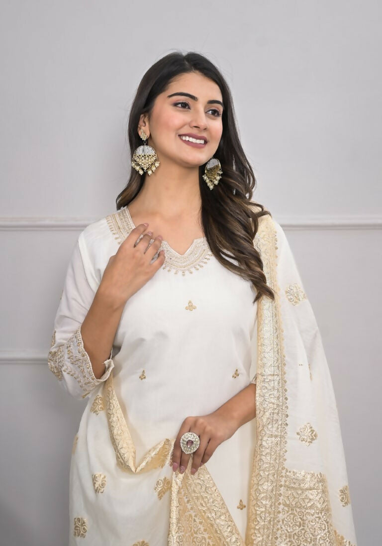 White Viscose Silk Embroidery with Thread and sequence Stitched Suit With Dupatta - Tanisha | Swadesiicart