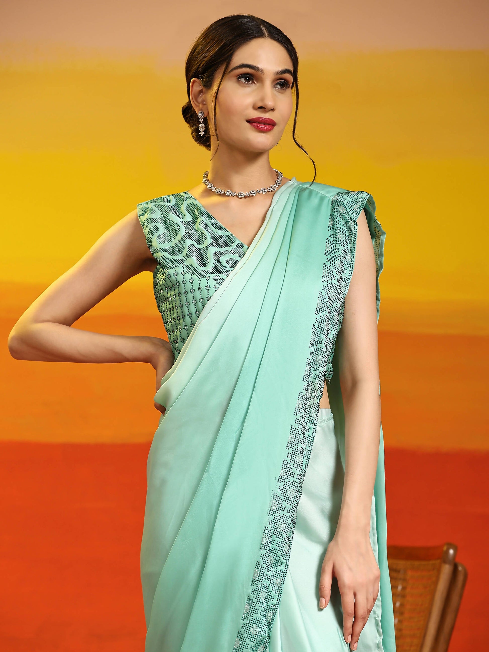 Sea Green Ombre Satin Georgette Plain Ready to wear Saree with stitched Blouse - Vrinda | Swadesiicart