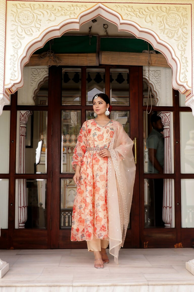 Vaasva Women Cream Organza Floral Print & Embroidered Anarkali Kurta, Pant & Dupatta set | Swadesiicart