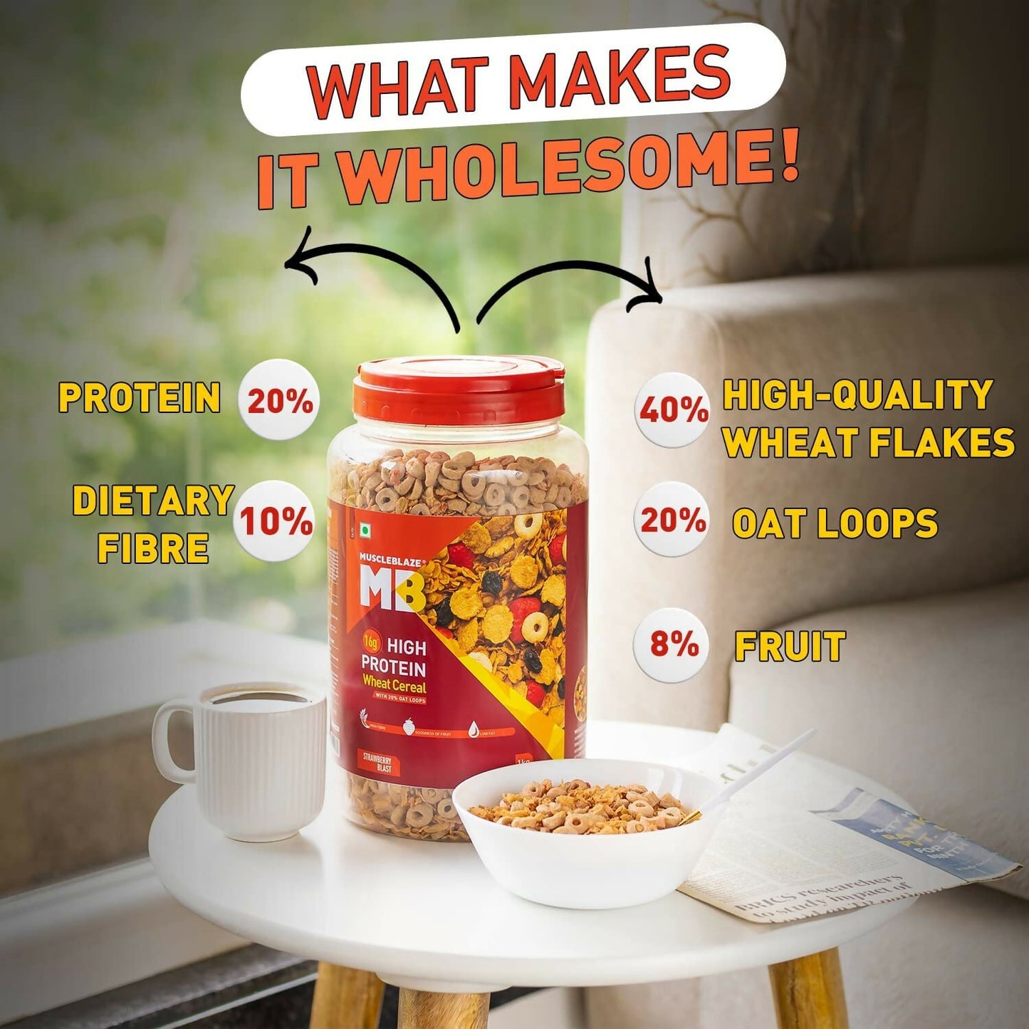 MuscleBlaze 16g High Protein Wheat Cereal - Strawberry Blast - Swadesiicart
