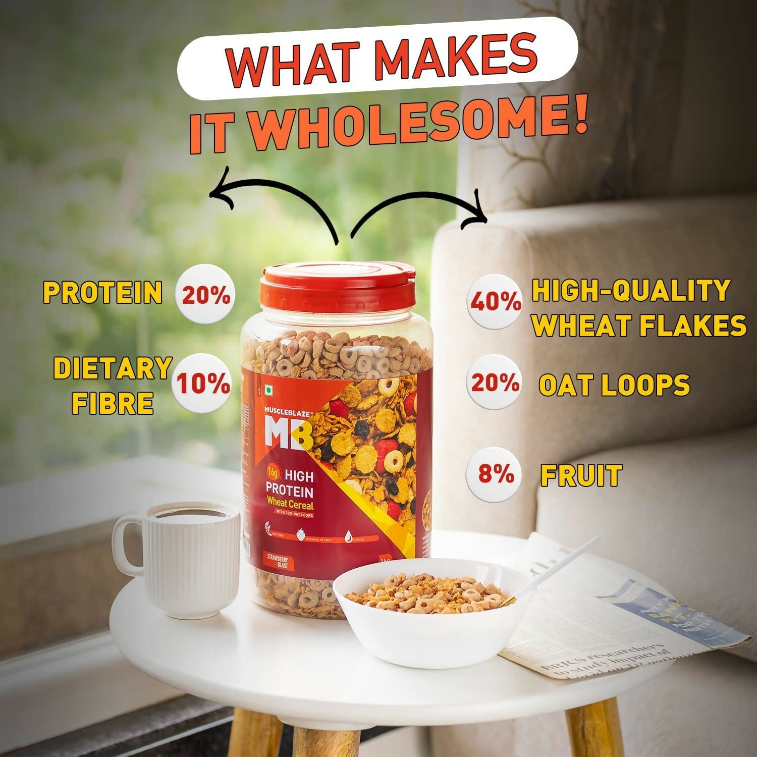 MuscleBlaze 16g High Protein Wheat Cereal - Strawberry Blast - Swadesiicart