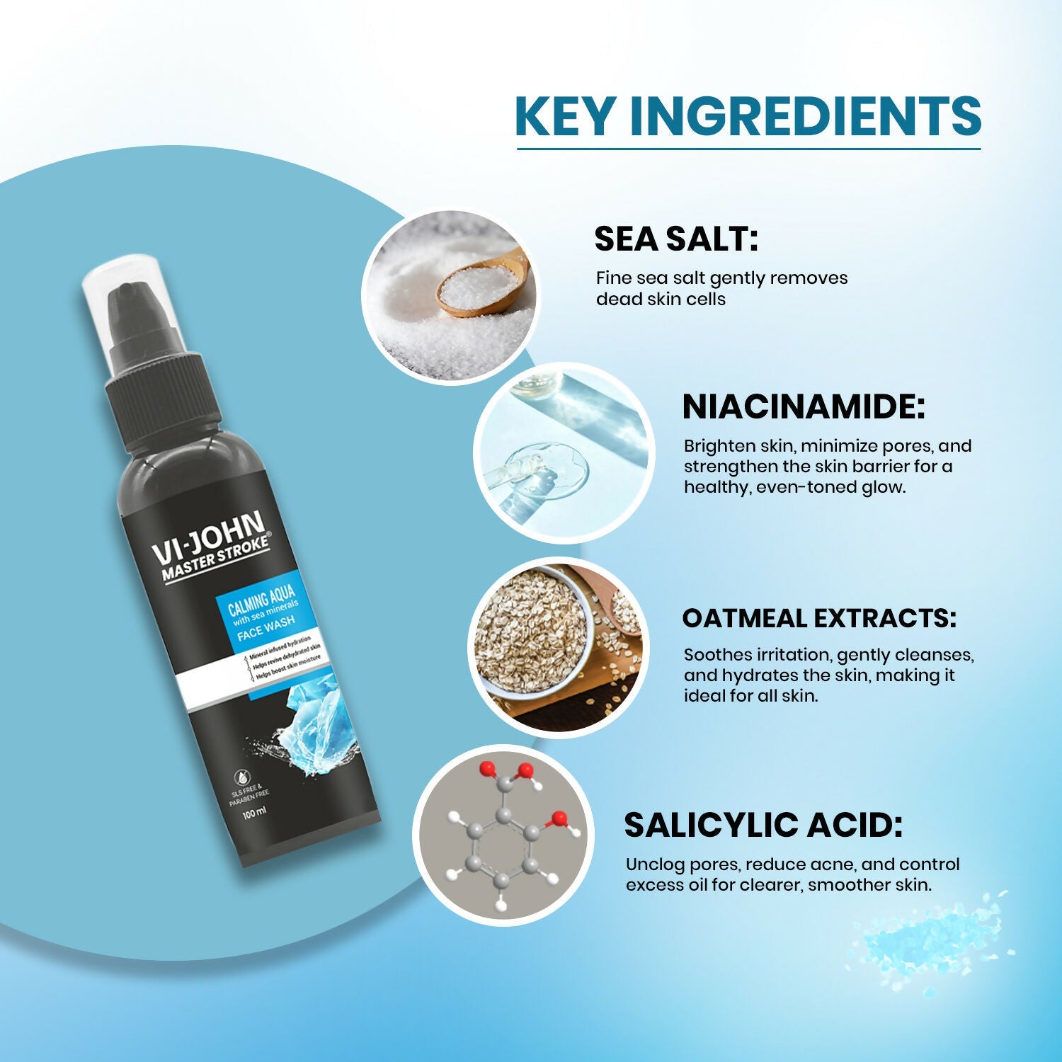 VI-JOHN Master Stroke Calming Aqua Face Wash Deep Hydration And Clearer Skin For All Skin Type | Swadesiicart