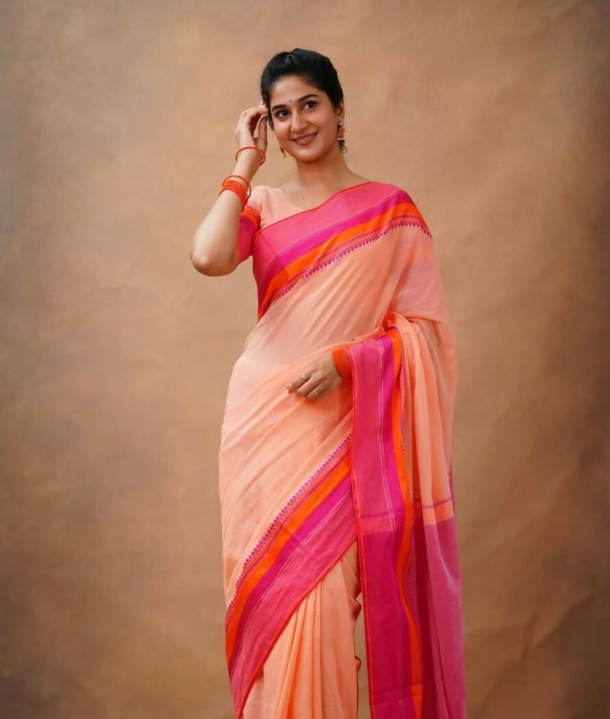 Exclusive Collection Light Orange Beautiful Khadi Cotton Handloom Saree - Swadesiicart