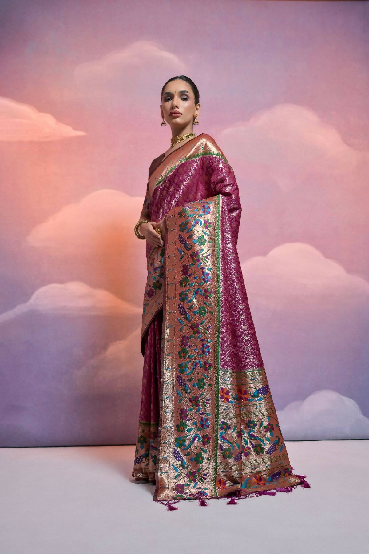 Vishnu Weaves Women's Wine Paithani Silk Zari Woven Saree with Blouse - Swadesiicart