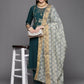 Ahalyaa Womens Dark Green Crepe Smoke Printed Kurta Pant Set With Dupatta | Swadesiicart