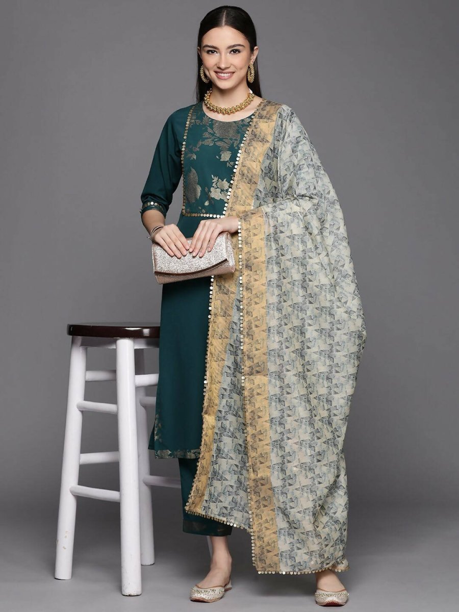 Ahalyaa Womens Dark Green Crepe Smoke Printed Kurta Pant Set With Dupatta | Swadesiicart