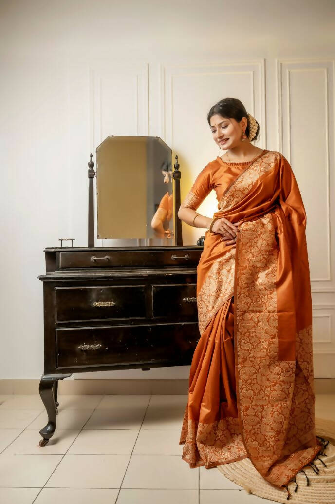 Vishnu Weaves Women's Orange Handloom Raw Silk Woven Border Saree with Unstitched Blouse - Swadesiicart
