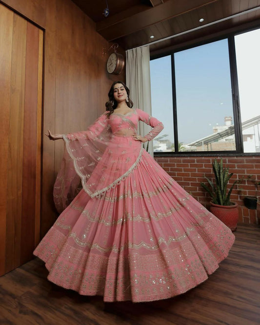 Jyoti Fashion Women's Baby Pink Faux Georgette 5MM Sequins with Zari Embroidered Designer Lehenga Choli Set | Swadesiicart