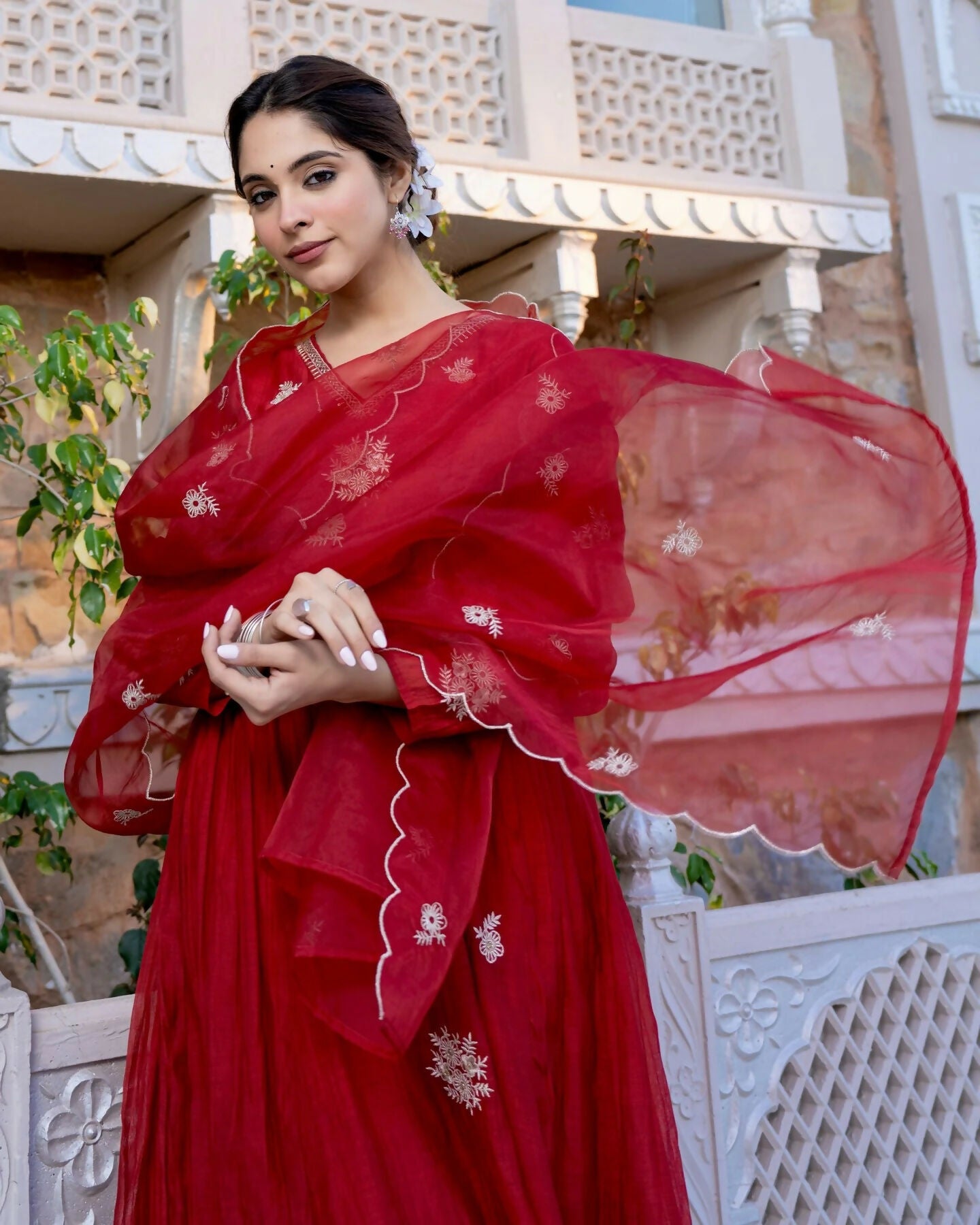 The52 Red Beautiful Embroidered Chanderi Fabric Flared Kurta, Pant and Dupatta Set - Swadesiicart