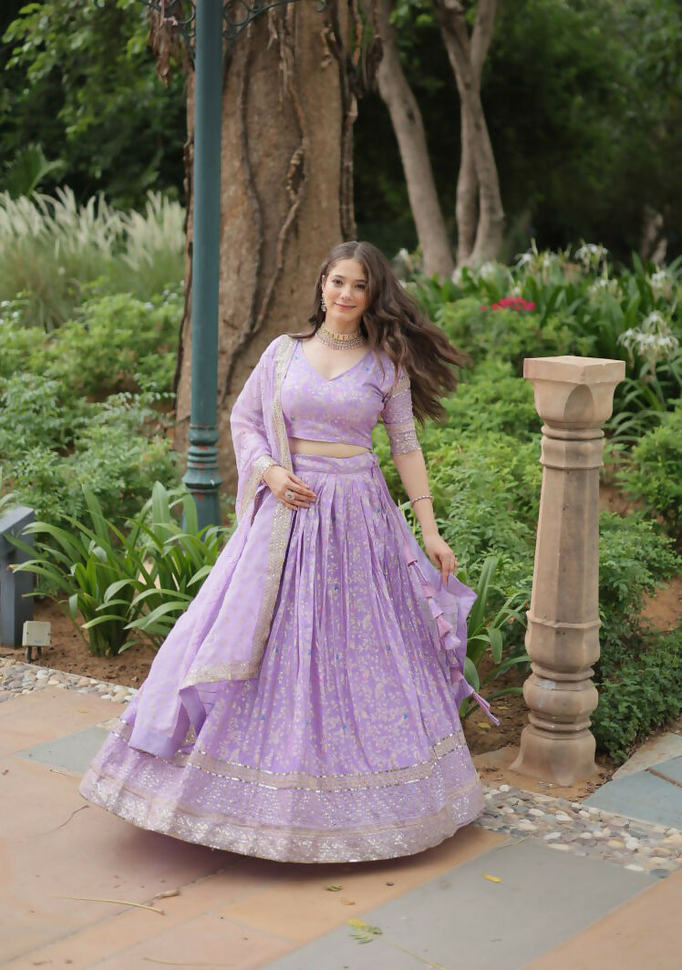 Lorenvalley Lavender Pure Viscose Jacquard with Golden Embroidered Sequins work Lehenga Choli | Swadesiicart