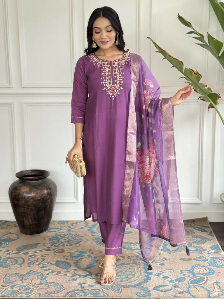 Purple Viscose chanderi Stitched Suit With Dupatta - Tanisha | Swadesiicart