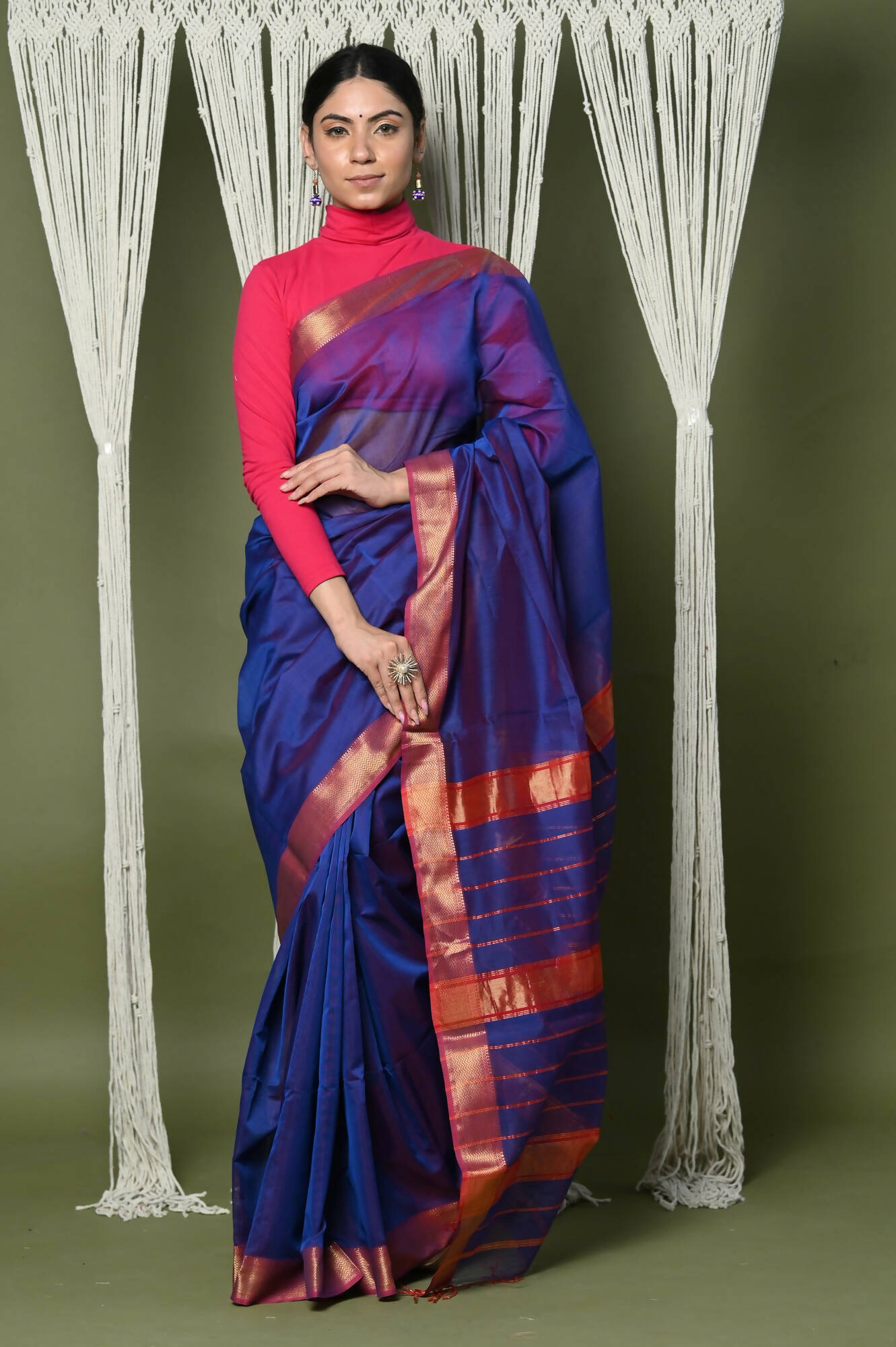 Very Much Indian Handloom Cotton Silk Maheshwari Saree With Sleek Golden Border - Dark Blue | Swadesiicart