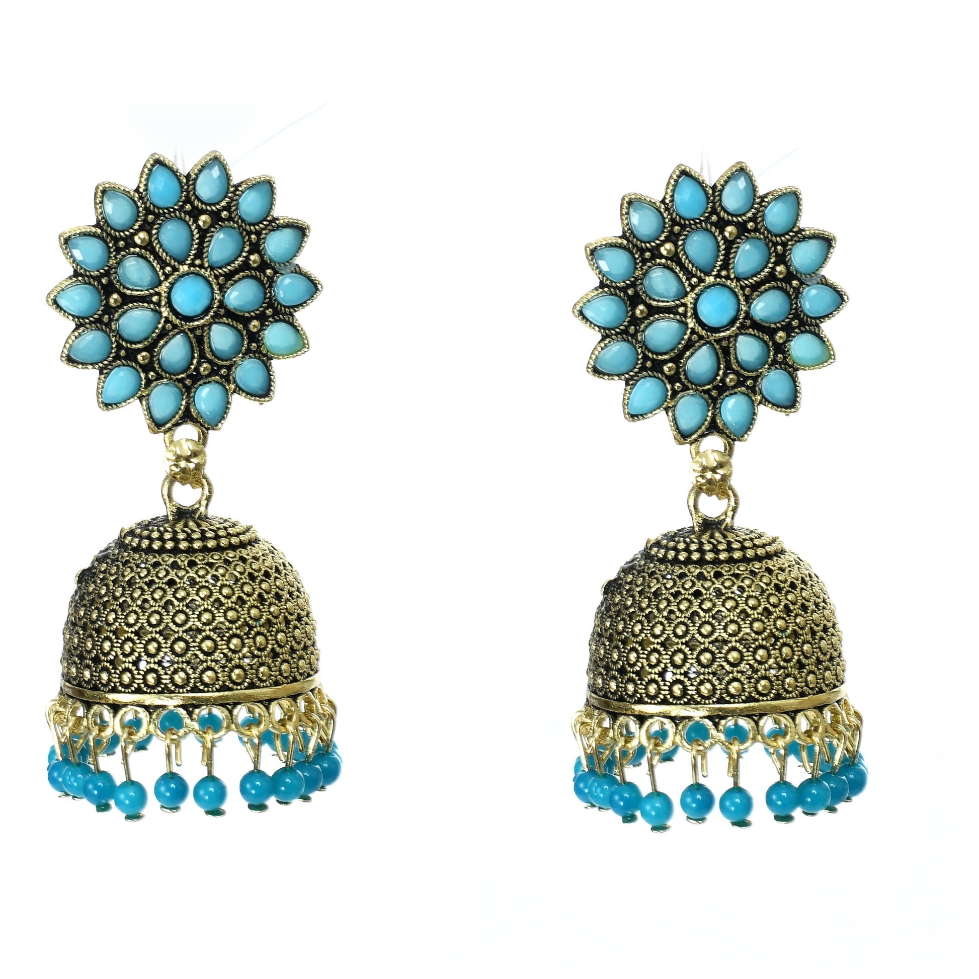 Mominos Fashion Johar Kamal Beautiful Kundan Work Jhumka With Sky Blue Beads - Mominos Fashion