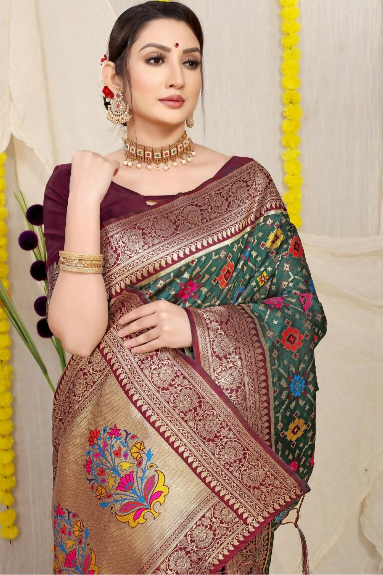 Jyoti Fashion Women's Bottle Green Patola Silk Zari Woven Saree with Blouse | Swadesiicart